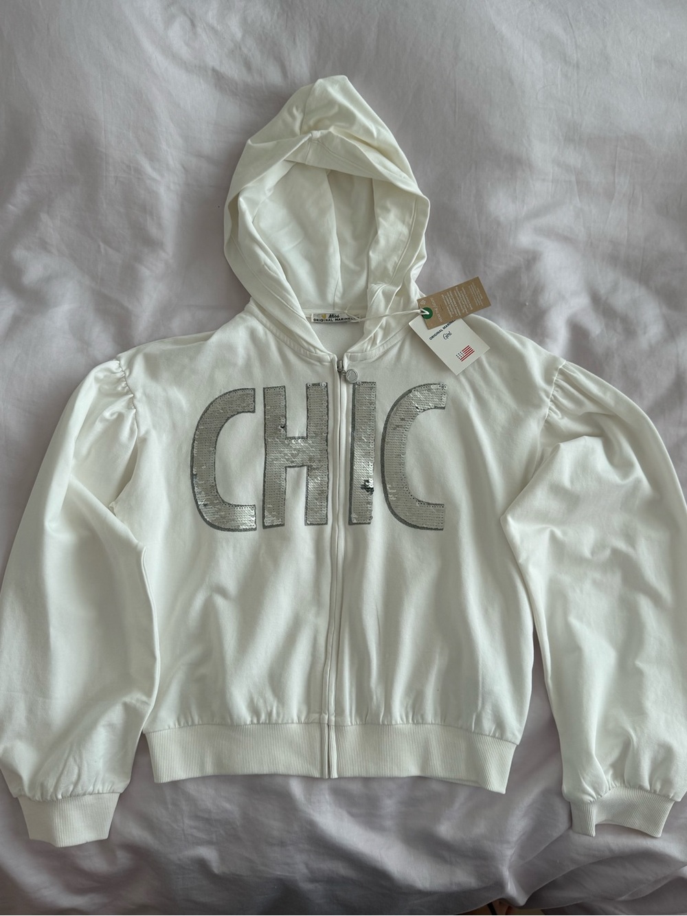 Girls' White Sequin 'CHIC' Zip Hoodie - Kids